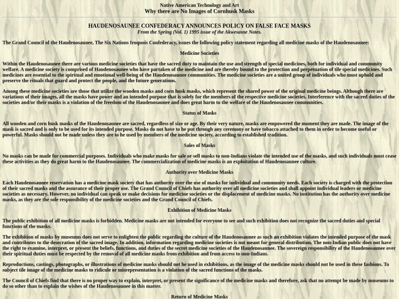 HAUDENOSAUNEE CONFEDERACY ANNOUNCES POLICY ON FALSE FACE MASKS HAUDENOSAUNEE CONFEDERACY ANNOUNCES POLICY ON FALSE FACE MASKS